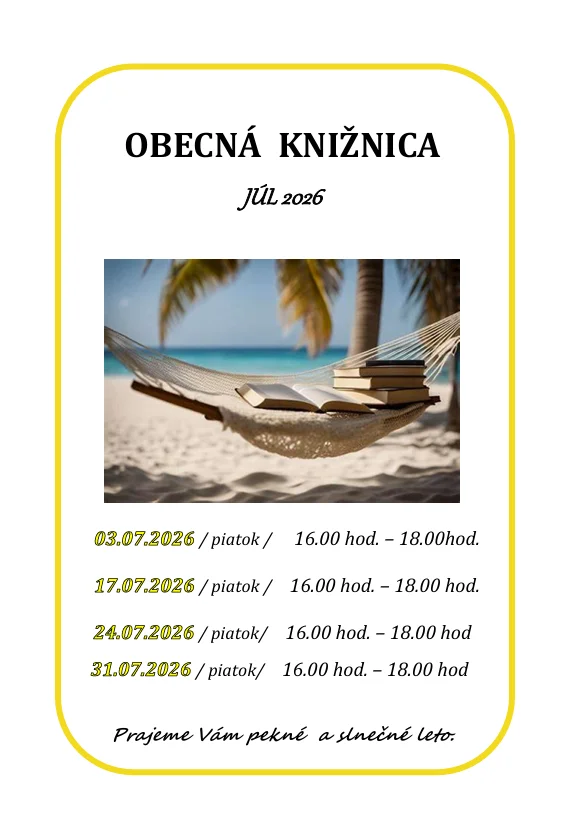 Obecná knižnica - otváracia doba v mesiaci júl 2026