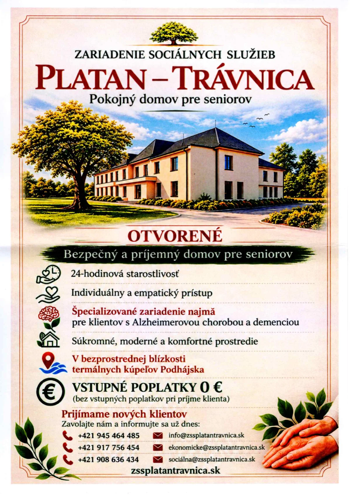 Zariadenie sociálnych služieb Platan - Trávnica prijíma nových klientov